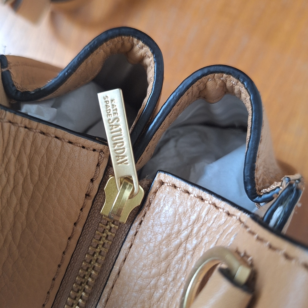 Kate Spade Tan Leather Satchel Crossbody Structured Trapezoid Camel Neutral NEW - Picture 10 of 15